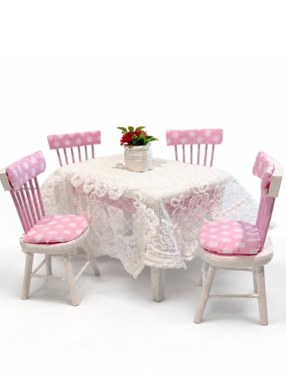 1:12 Dollhouse Miniature Dining Table 4 Chairs Lace Cloth Pink White Wood Set